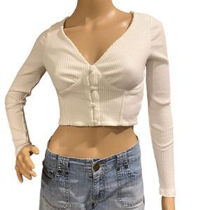 MABLE Ribbed Long Sleeve Button Front Cropped Cardigan WHITE Sz M